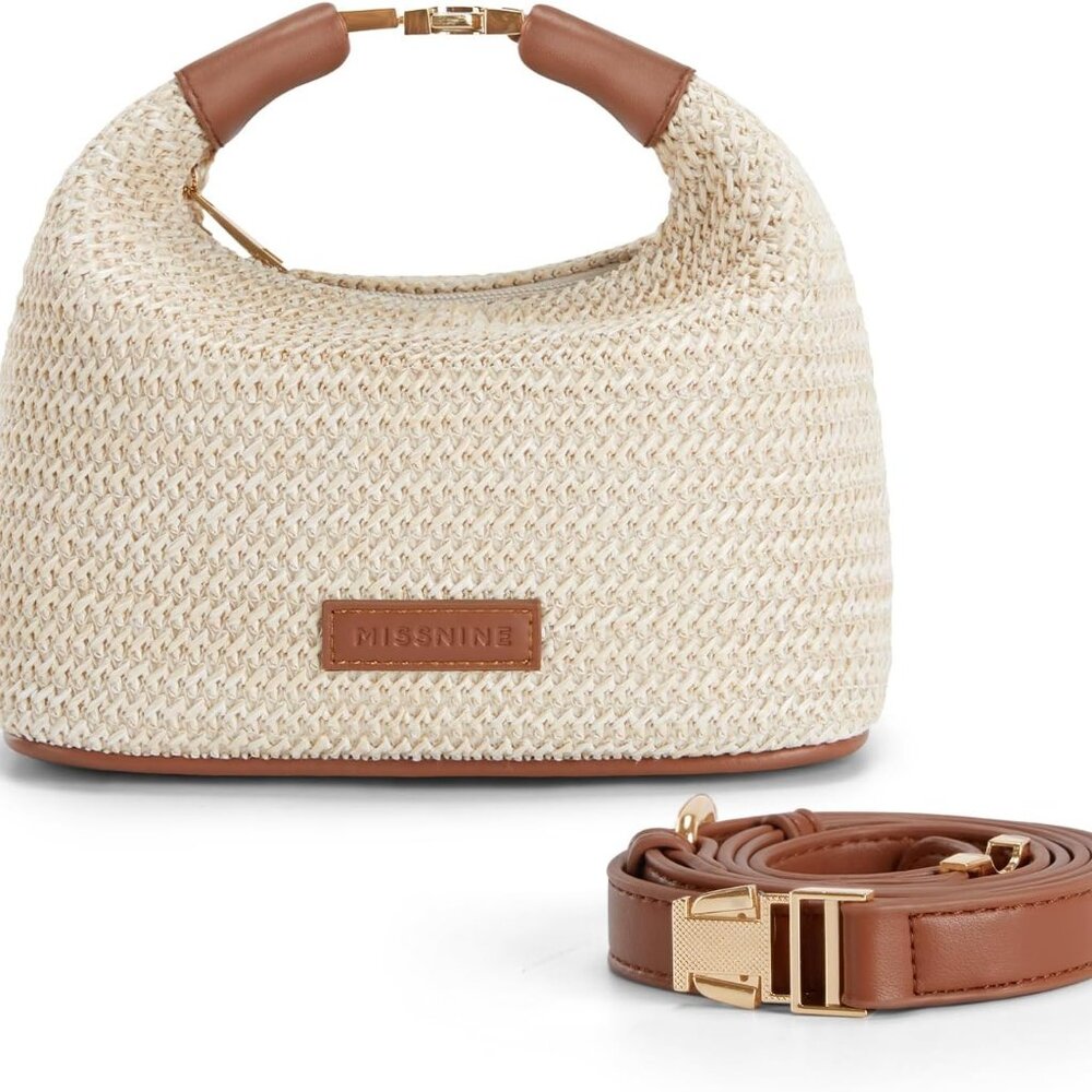 Miss Nine Cream Woven Shoulder Bag with Brown Trim